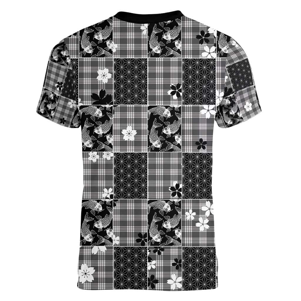 Black Palaka Japanese Patterns Women V-Neck T-Shirt Koi Fish Asanoha Sakura Patchwork Stylized - Polynesian Pride