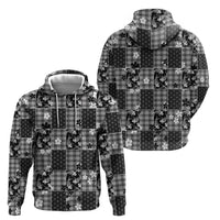 Black Palaka Japanese Patterns Zip Hoodie Koi Fish Asanoha Sakura Patchwork Stylized - Polynesian Pride
