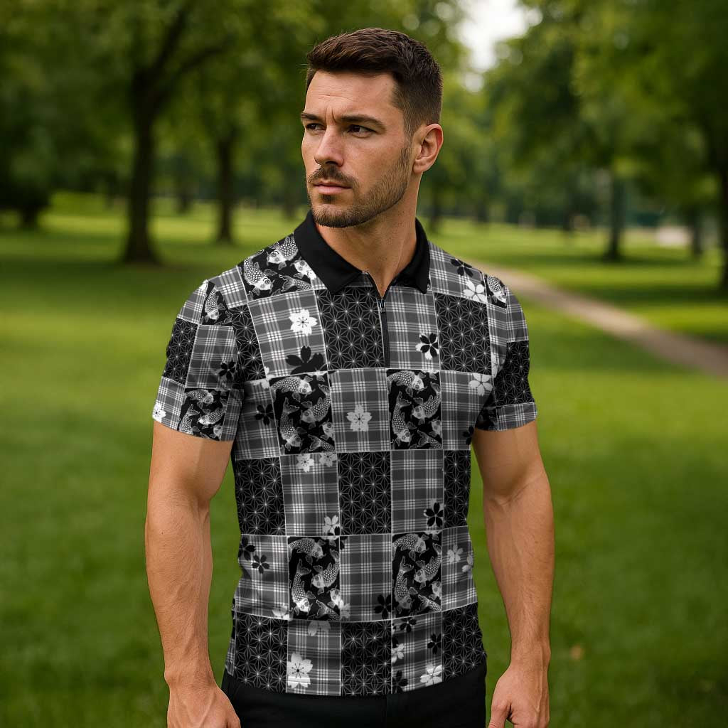 Black Palaka Japanese Patterns Zipper Polo Shirt Koi Fish Asanoha Sakura Patchwork Stylized - Polynesian Pride