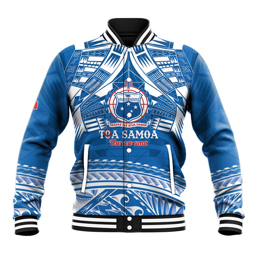 Toa Samoa Rugby Custom Baseball Jacket Uso aso uma Samoan Pattern Blue - Polynesian Pride
