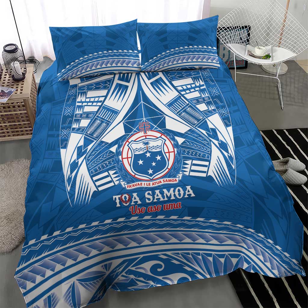 Toa Samoa Rugby Custom Bedding Set Uso aso uma Samoan Pattern Blue - Polynesian Pride