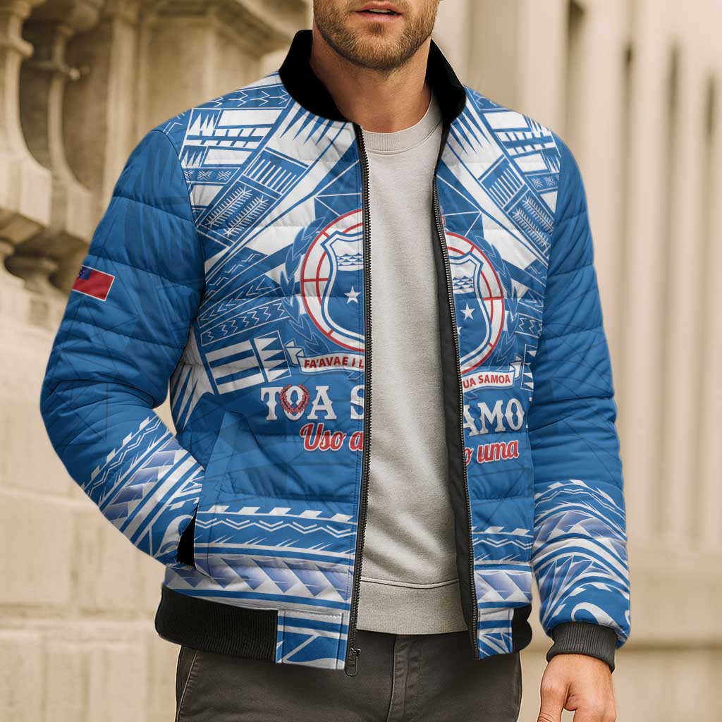 Toa Samoa Rugby Custom Bomber Puffer Jacket Uso aso uma Samoan Pattern Blue - Polynesian Pride