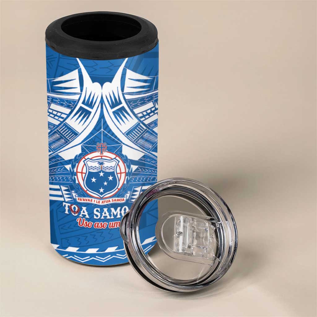 Toa Samoa Rugby Custom 4 in 1 Can Cooler Tumbler Uso aso uma Samoan Pattern Blue - Polynesian Pride