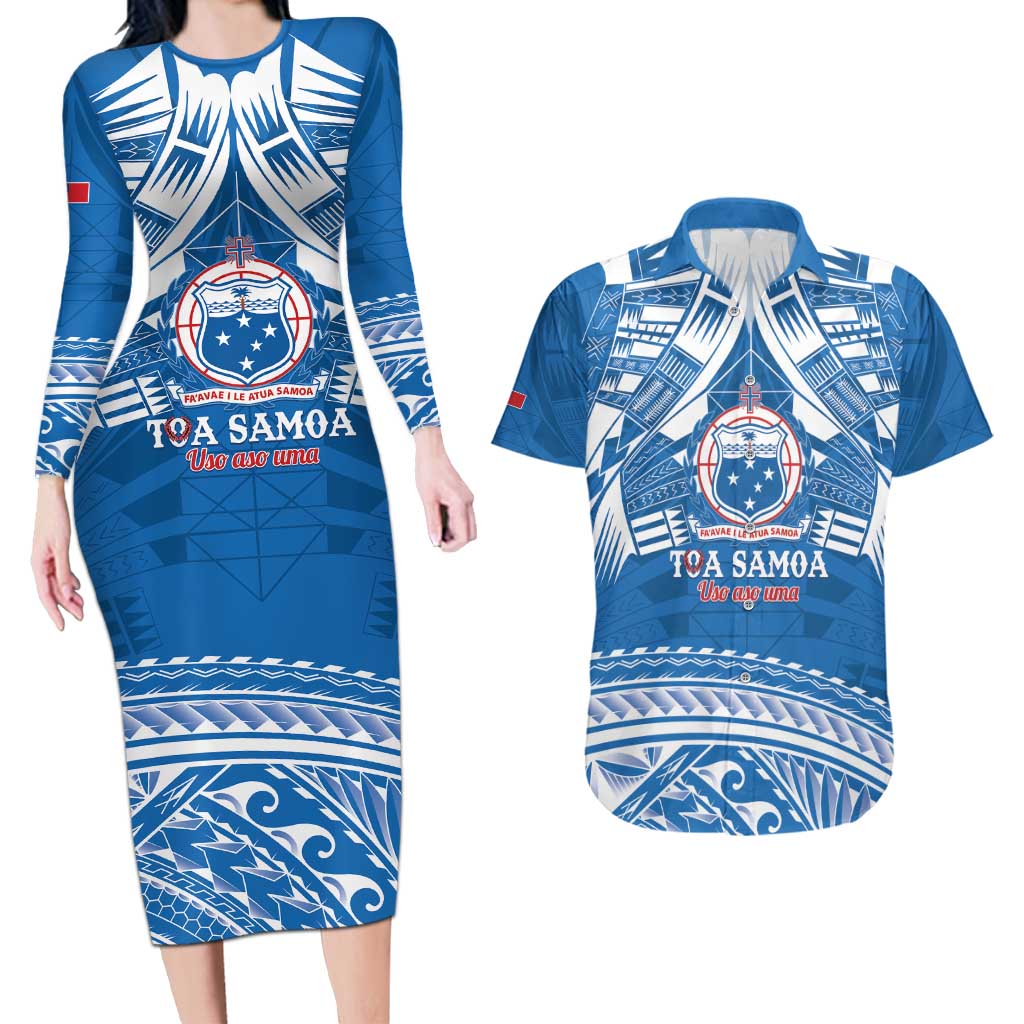 Toa Samoa Rugby Custom Couples Matching Long Sleeve Bodycon Dress and Hawaiian Shirt Uso aso uma Samoan Pattern Blue - Polynesian Pride
