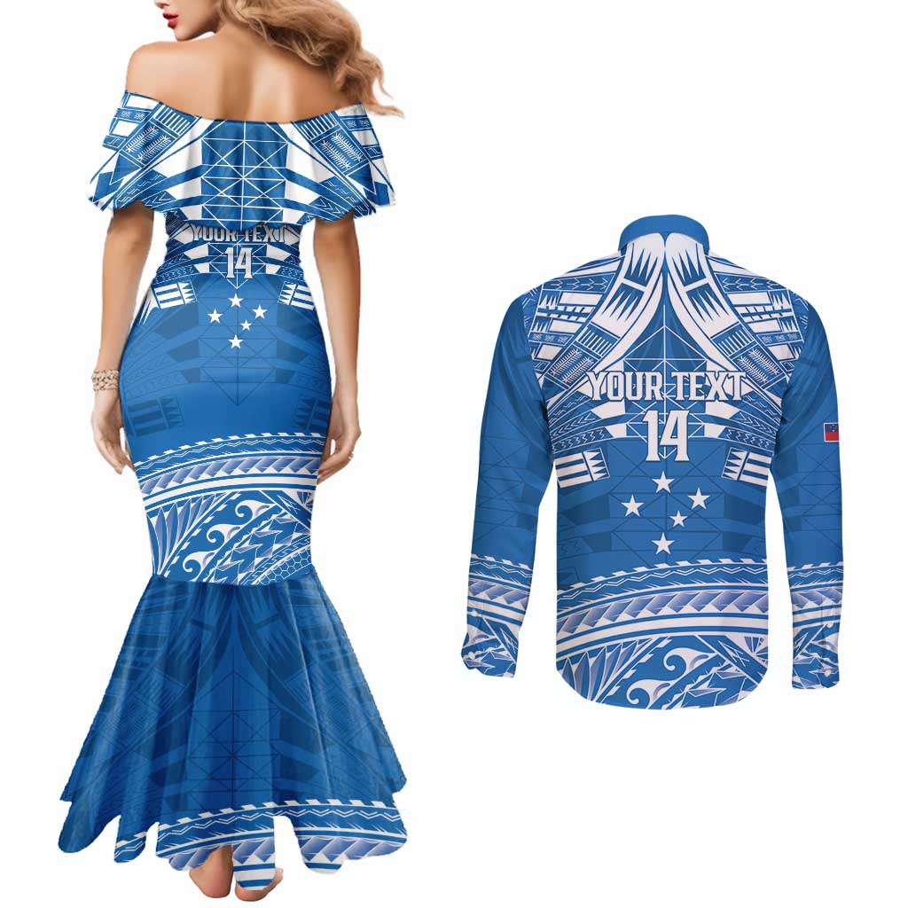 Toa Samoa Rugby Custom Couples Matching Mermaid Dress and Long Sleeve Button Shirt Uso aso uma Samoan Pattern Blue - Polynesian Pride