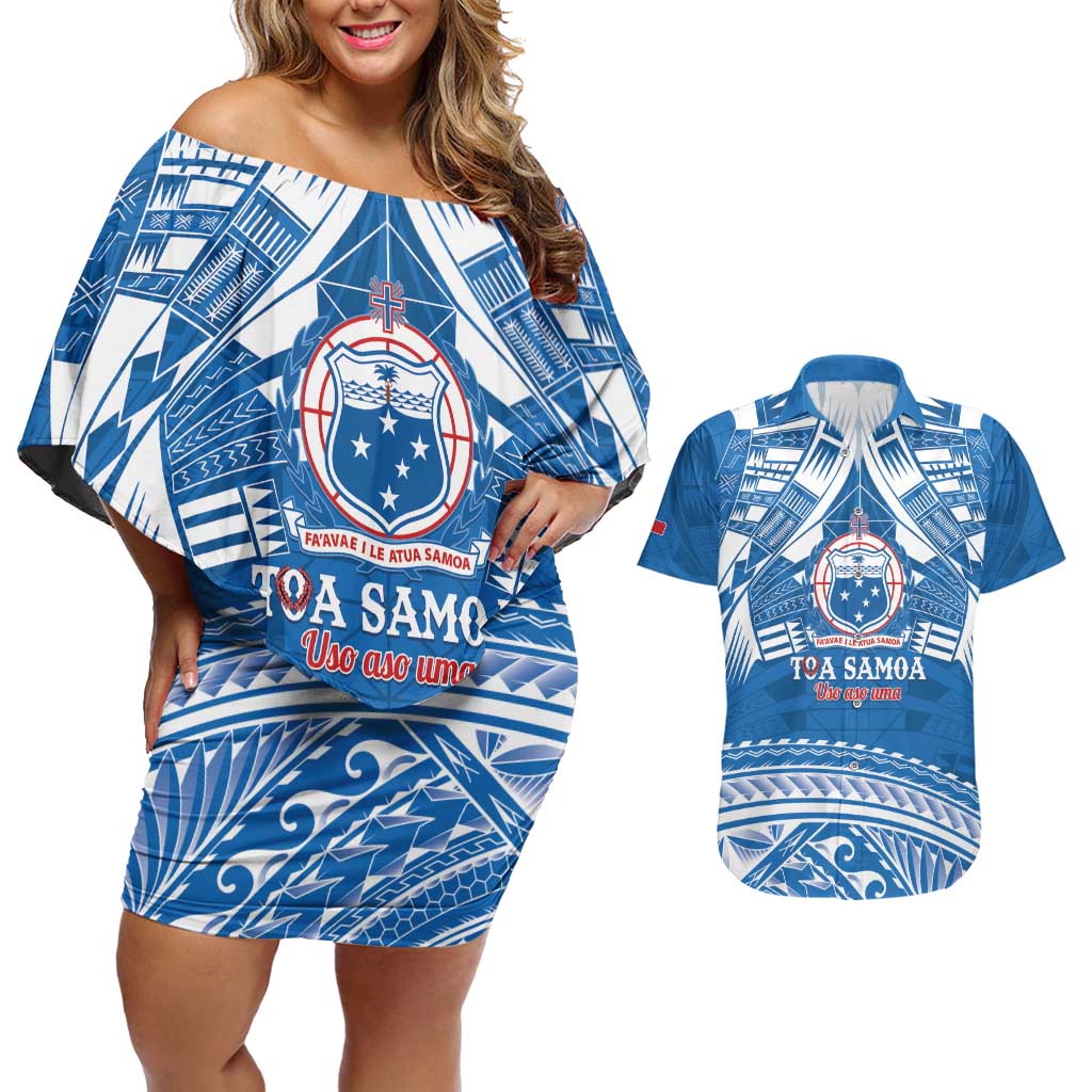 Toa Samoa Rugby Custom Couples Matching Off Shoulder Short Dress and Hawaiian Shirt Uso aso uma Samoan Pattern Blue - Polynesian Pride