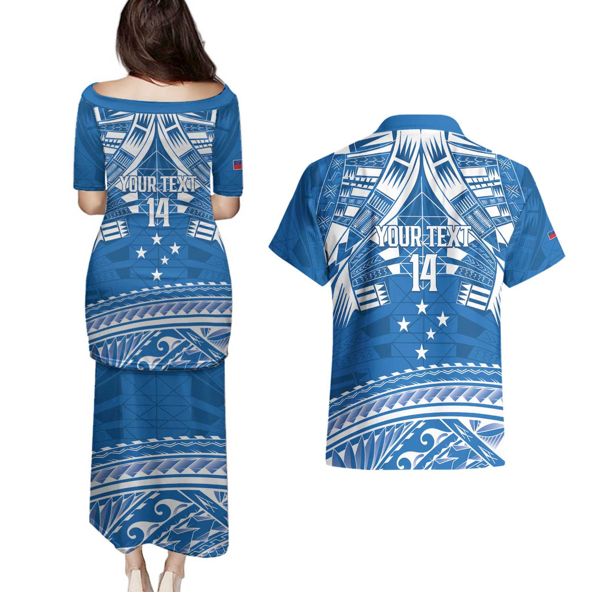 Toa Samoa Rugby Custom Couples Matching Puletasi and Hawaiian Shirt Uso aso uma Samoan Pattern Blue - Polynesian Pride