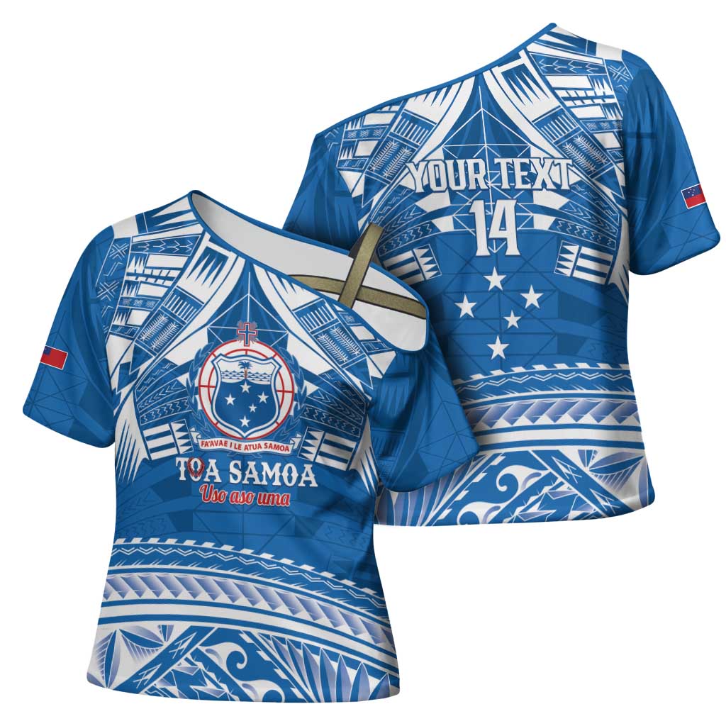 Toa Samoa Rugby Custom Cross Shoulder Shirt Uso aso uma Samoan Pattern Blue - Polynesian Pride