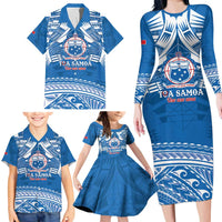 Toa Samoa Rugby Custom Family Matching Long Sleeve Bodycon Dress and Hawaiian Shirt Uso aso uma Samoan Pattern Blue - Polynesian Pride