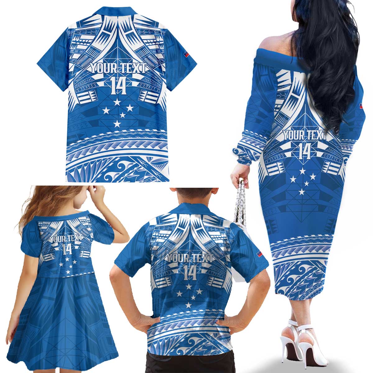Toa Samoa Rugby Custom Family Matching Off The Shoulder Long Sleeve Dress and Hawaiian Shirt Uso aso uma Samoan Pattern Blue - Polynesian Pride