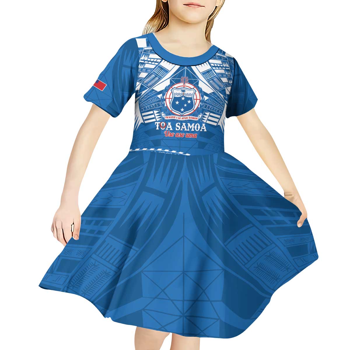Toa Samoa Rugby Custom Kid Short Sleeve Dress Uso aso uma Samoan Pattern Blue - Polynesian Pride