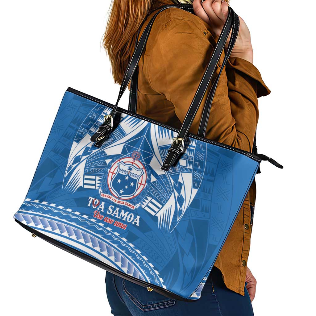Toa Samoa Rugby Custom Leather Tote Bag Uso aso uma Samoan Pattern Blue - Polynesian Pride