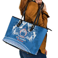 Toa Samoa Rugby Custom Leather Tote Bag Uso aso uma Samoan Pattern Blue - Polynesian Pride