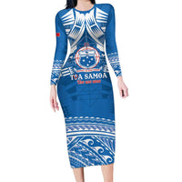 Toa Samoa Rugby Custom Long Sleeve Bodycon Dress Uso aso uma Samoan Pattern Blue LT14 Long Dress Blue - Polynesian Pride