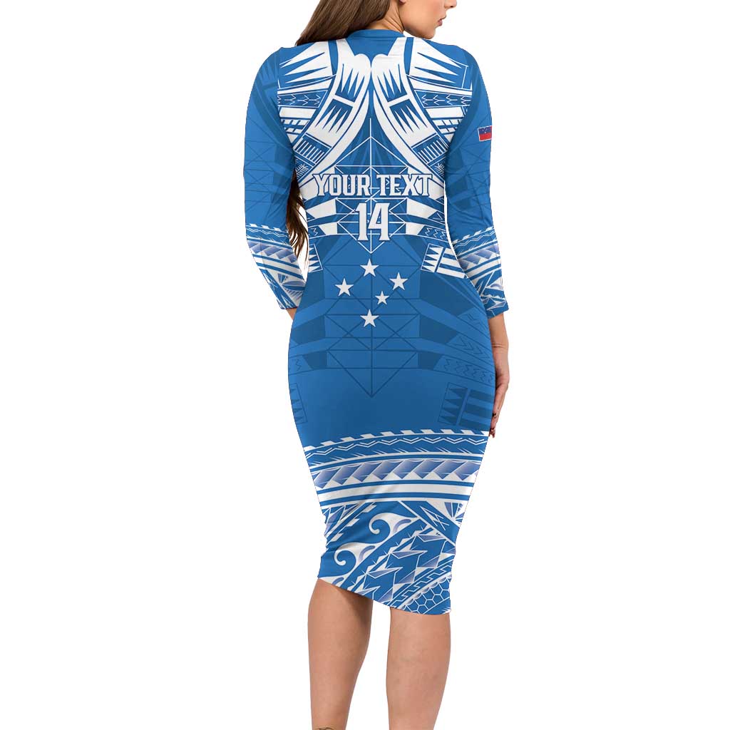Toa Samoa Rugby Custom Long Sleeve Bodycon Dress Uso aso uma Samoan Pattern Blue LT14 - Polynesian Pride