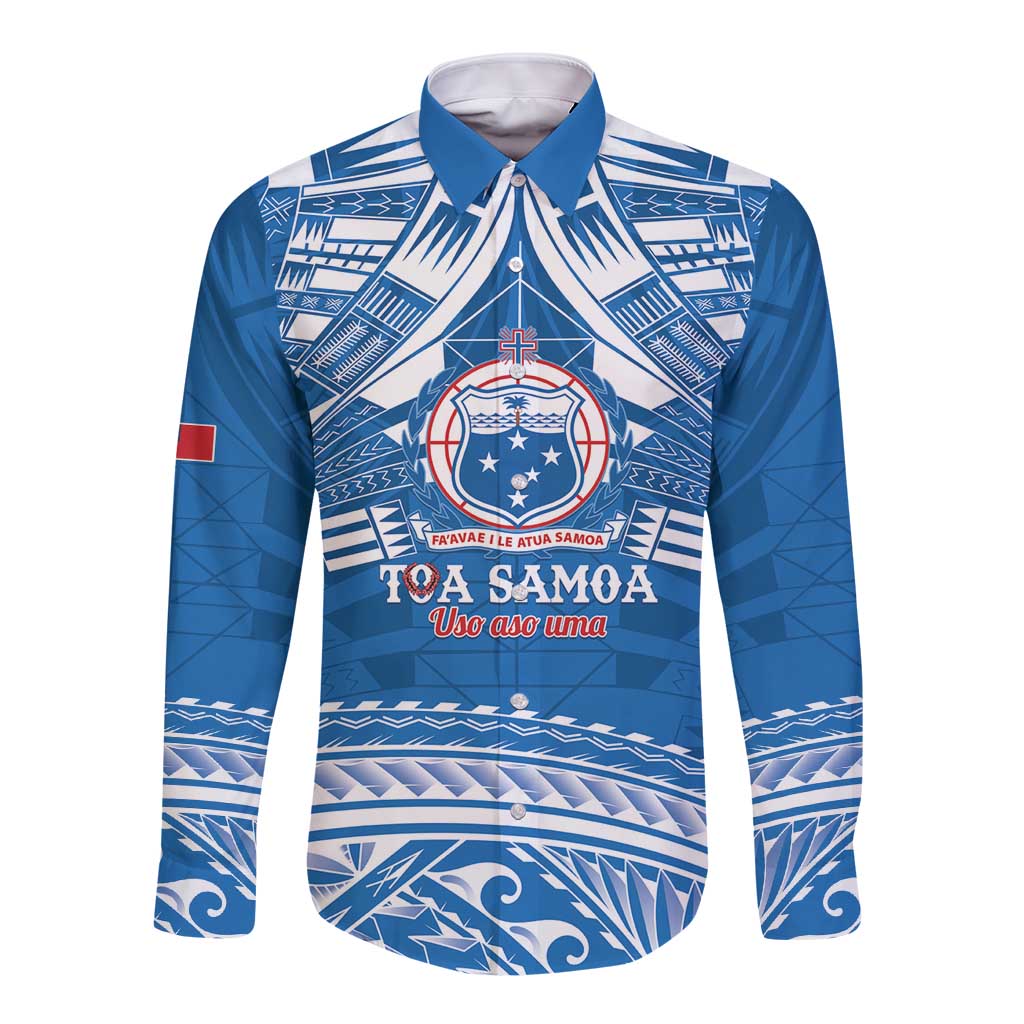 Toa Samoa Rugby Custom Long Sleeve Button Shirt Uso aso uma Samoan Pattern Blue - Polynesian Pride