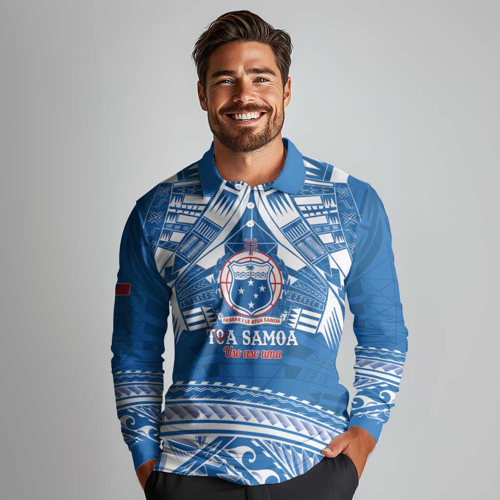 Toa Samoa Rugby Custom Long Sleeve Polo Shirt Uso aso uma Samoan Pattern Blue LT14 - Polynesian Pride