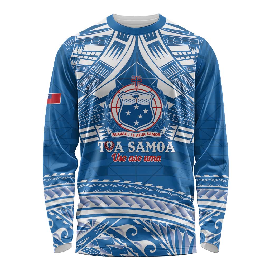 Toa Samoa Rugby Custom Long Sleeve Shirt Uso aso uma Samoan Pattern Blue - Polynesian Pride