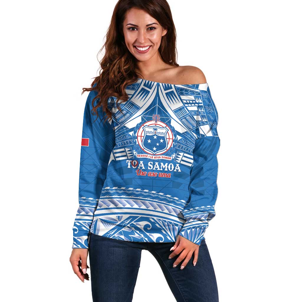 Toa Samoa Rugby Custom Off Shoulder Sweater Uso aso uma Samoan Pattern Blue - Polynesian Pride