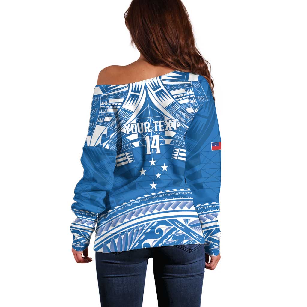 Toa Samoa Rugby Custom Off Shoulder Sweater Uso aso uma Samoan Pattern Blue - Polynesian Pride