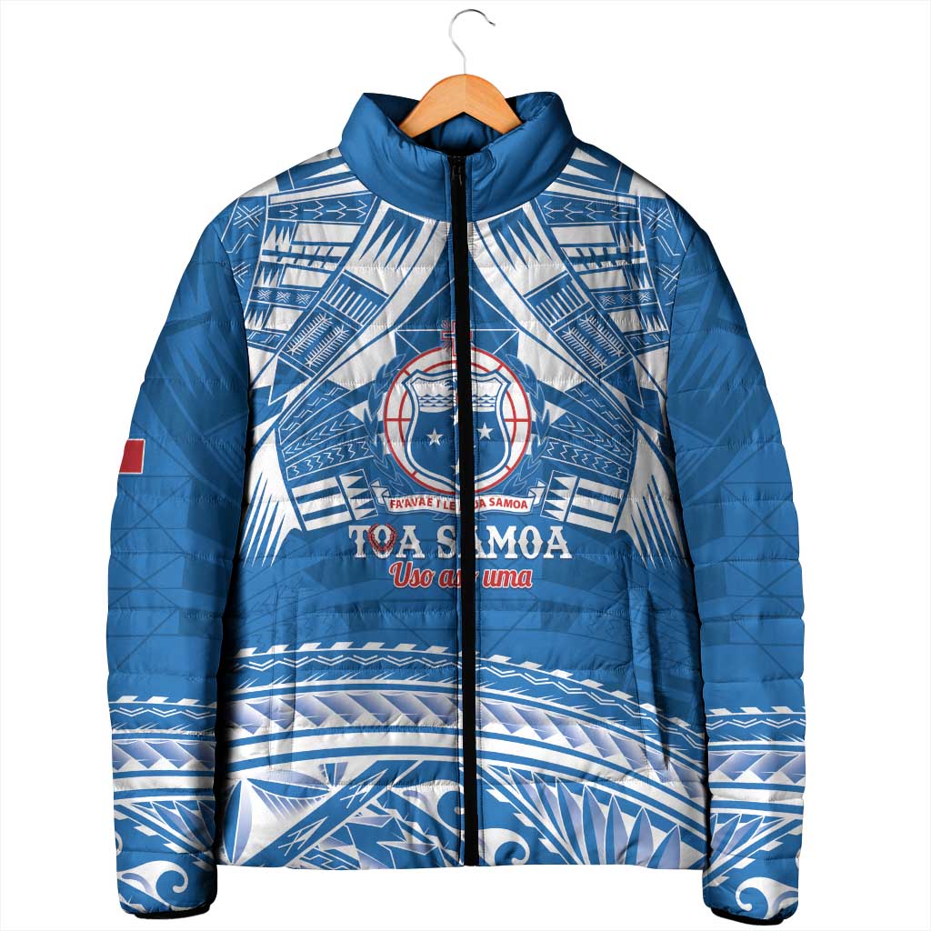 Toa Samoa Rugby Custom Padded Jacket Uso aso uma Samoan Pattern Blue - Polynesian Pride