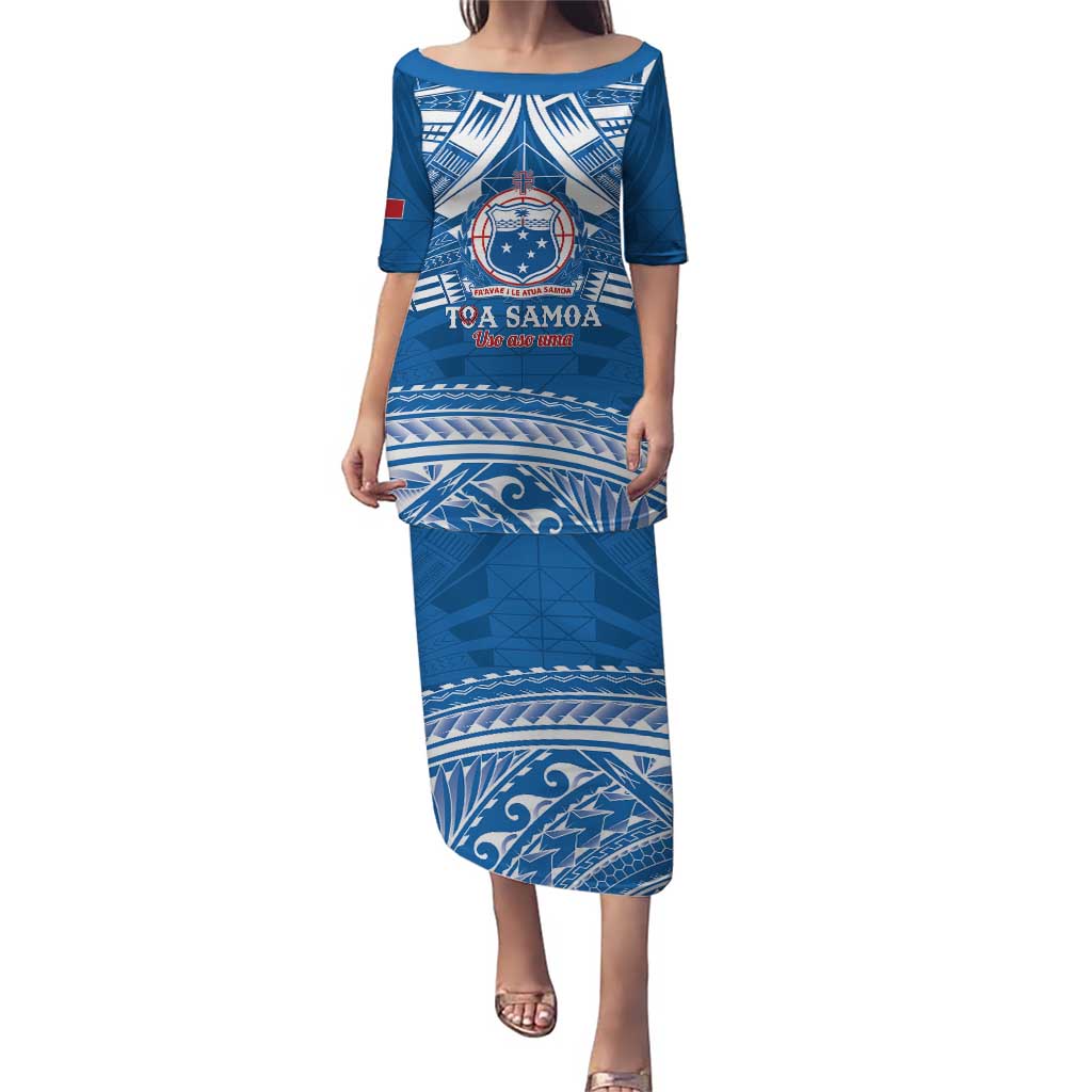 Toa Samoa Rugby Custom Puletasi Uso aso uma Samoan Pattern Blue LT14 Long Dress Blue - Polynesian Pride