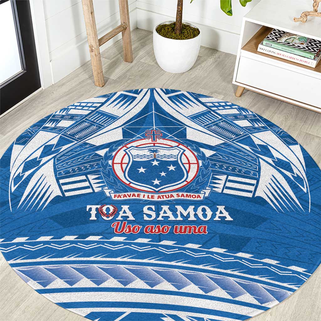 Toa Samoa Rugby Custom Round Carpet Uso aso uma Samoan Pattern Blue LT14 Blue - Polynesian Pride
