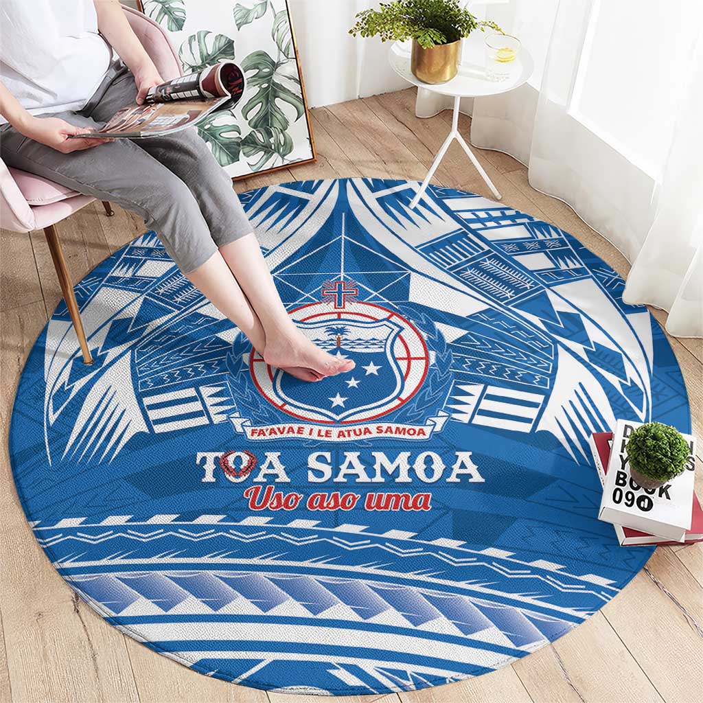 Toa Samoa Rugby Custom Round Carpet Uso aso uma Samoan Pattern Blue LT14 - Polynesian Pride