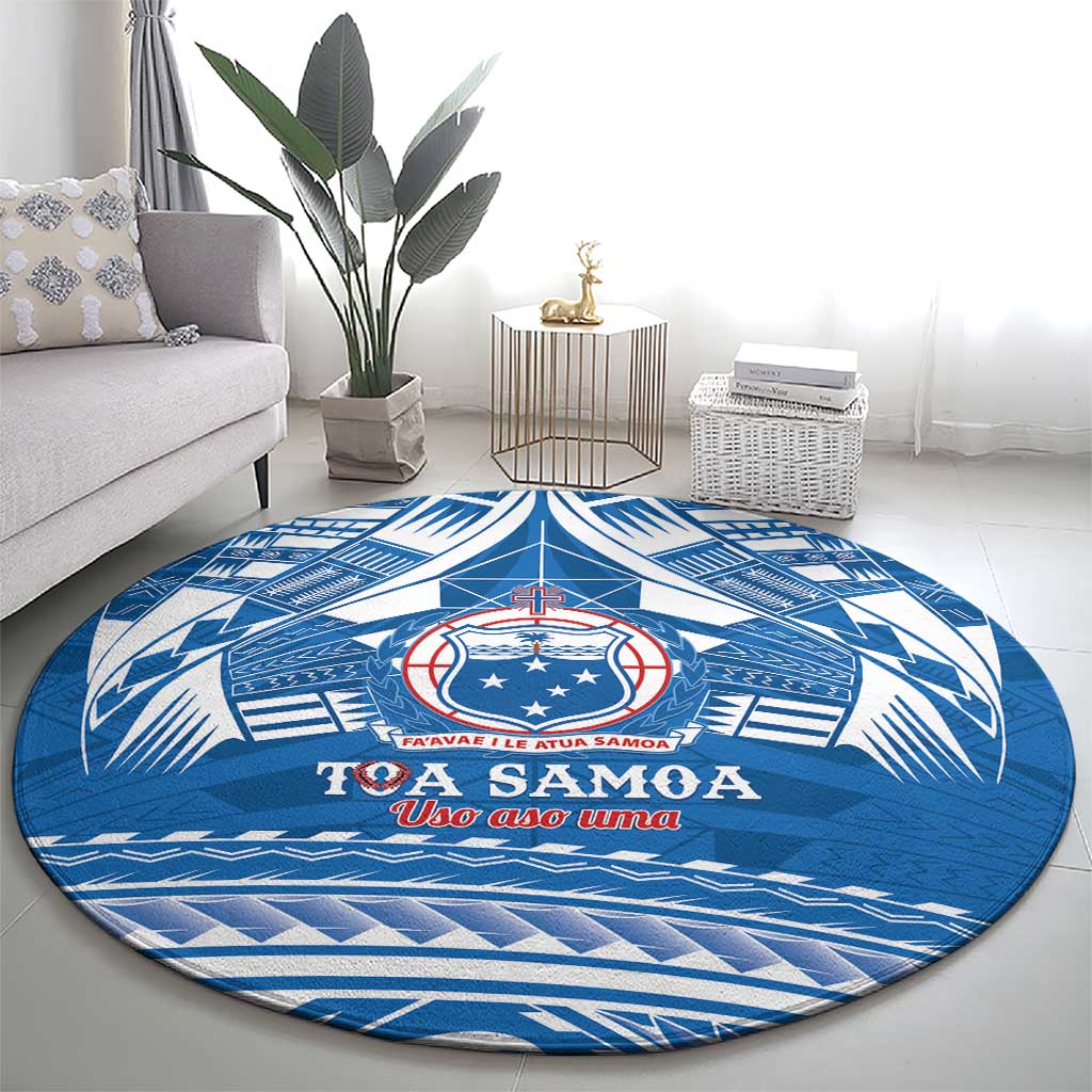 Toa Samoa Rugby Custom Round Carpet Uso aso uma Samoan Pattern Blue LT14 - Polynesian Pride