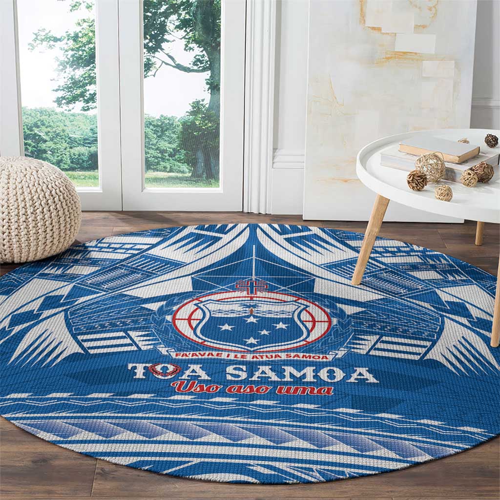 Toa Samoa Rugby Custom Round Carpet Uso aso uma Samoan Pattern Blue LT14 - Polynesian Pride