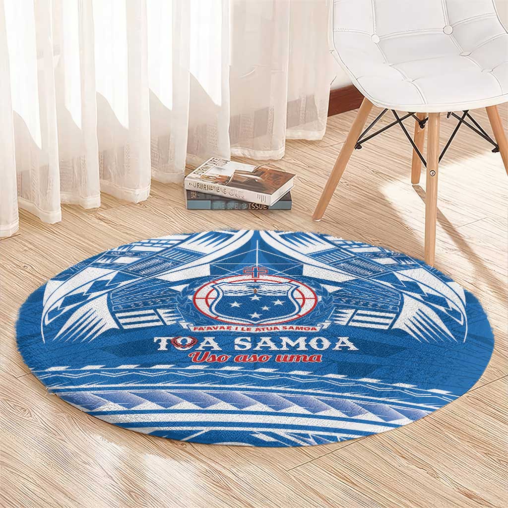 Toa Samoa Rugby Custom Round Carpet Uso aso uma Samoan Pattern Blue LT14 - Polynesian Pride