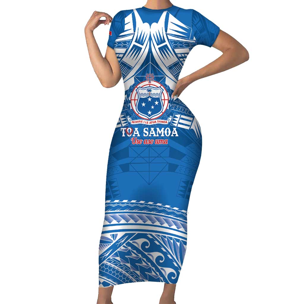 Toa Samoa Rugby Custom Short Sleeve Bodycon Dress Uso aso uma Samoan Pattern Blue LT14 Long Dress Blue - Polynesian Pride