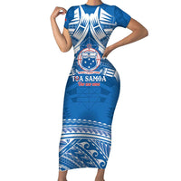 Toa Samoa Rugby Custom Short Sleeve Bodycon Dress Uso aso uma Samoan Pattern Blue LT14 Long Dress Blue - Polynesian Pride