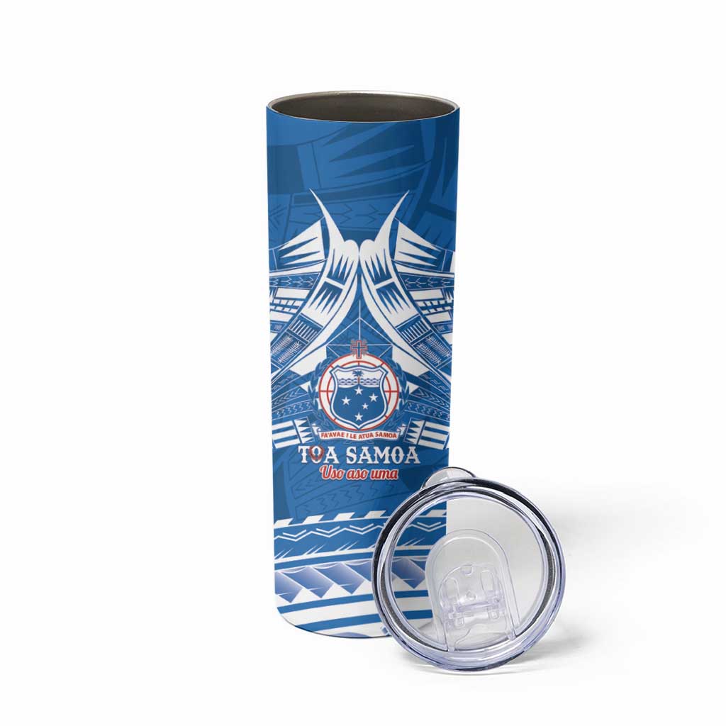 Toa Samoa Rugby Custom Skinny Tumbler Uso aso uma Samoan Pattern Blue - Polynesian Pride
