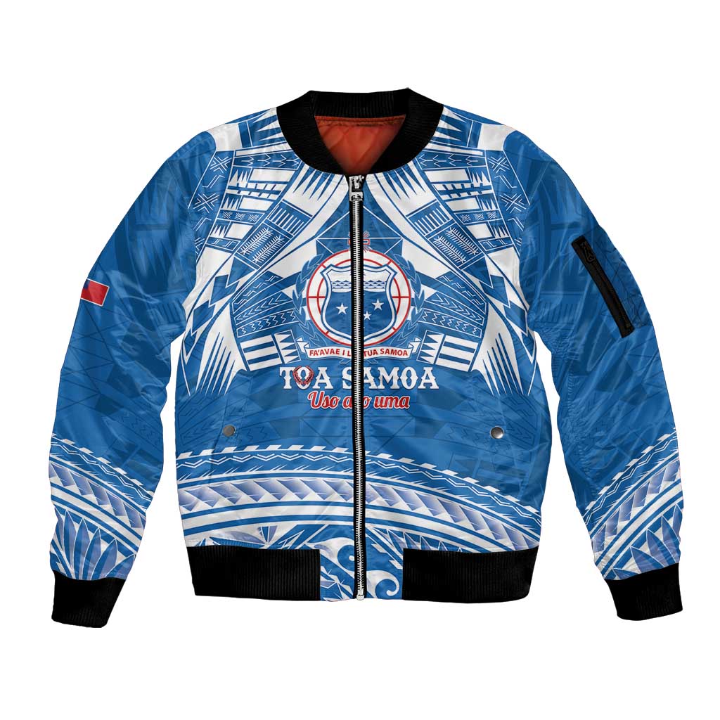 Toa Samoa Rugby Custom Sleeve Zip Bomber Jacket Uso aso uma Samoan Pattern Blue LT14 Unisex Blue - Polynesian Pride
