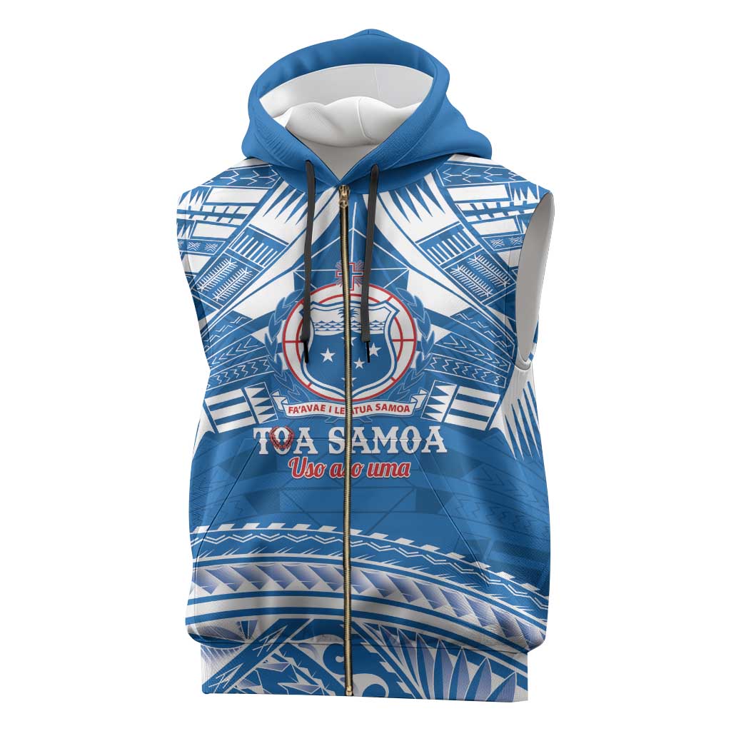 Toa Samoa Rugby Custom Sleeveless Zip Hoodie Uso aso uma Samoan Pattern Blue - Polynesian Pride