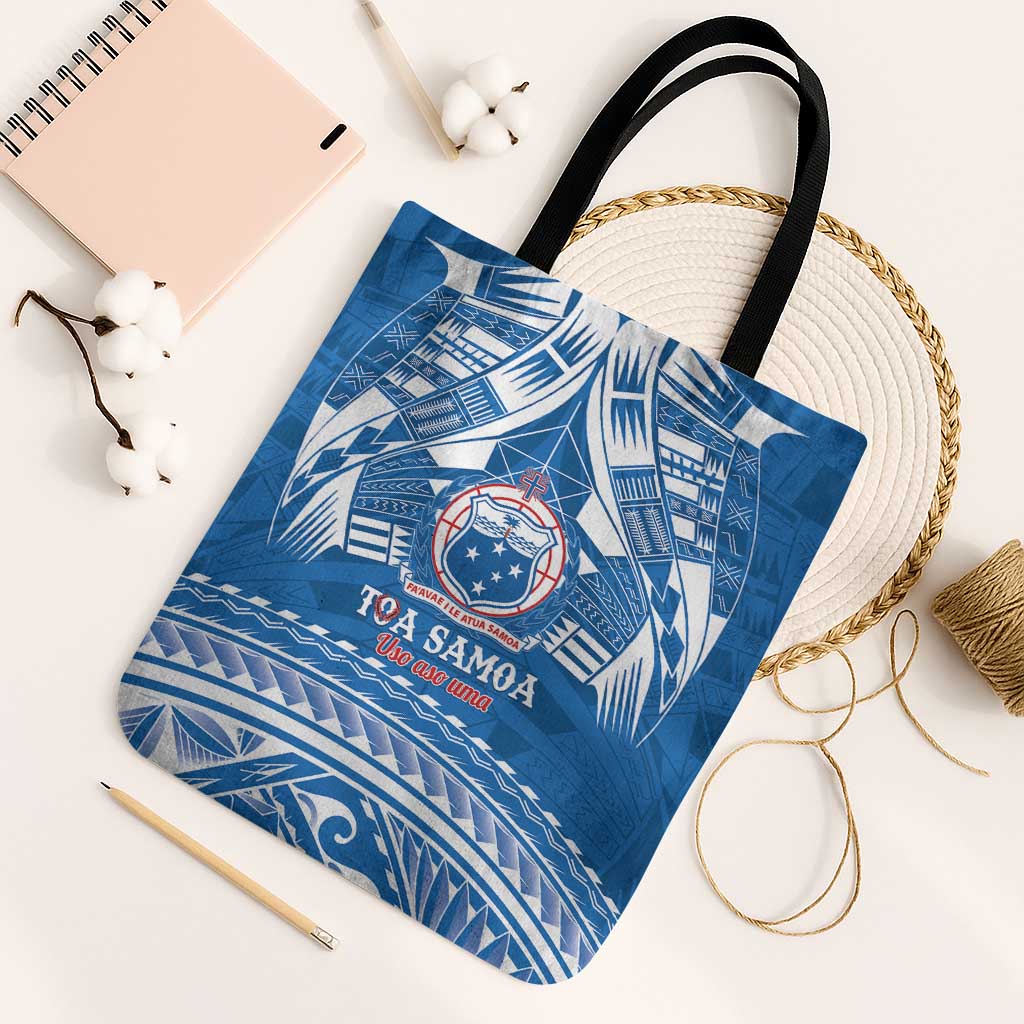 Toa Samoa Rugby Custom Tote Bag Uso aso uma Samoan Pattern Blue - Polynesian Pride