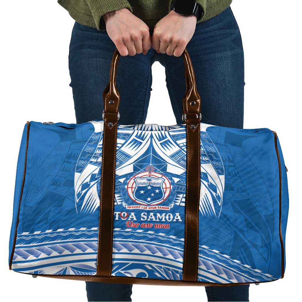 Toa Samoa Rugby Custom Travel Bag Uso aso uma Samoan Pattern Blue - Polynesian Pride