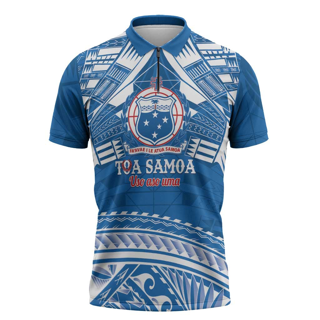 Toa Samoa Rugby Custom Zipper Polo Shirt Uso aso uma Samoan Pattern Blue LT14 Blue - Polynesian Pride