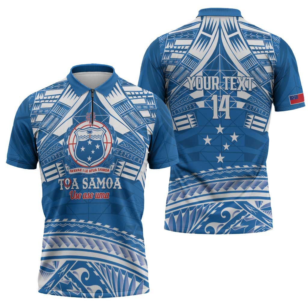 Toa Samoa Rugby Custom Zipper Polo Shirt Uso aso uma Samoan Pattern Blue LT14 - Polynesian Pride