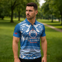 Toa Samoa Rugby Custom Zipper Polo Shirt Uso aso uma Samoan Pattern Blue LT14 - Polynesian Pride
