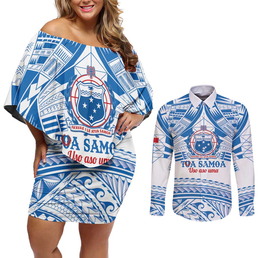 Toa Samoa Rugby Custom Couples Matching Off Shoulder Short Dress and Long Sleeve Button Shirt Uso aso uma Samoan Pattern White - Polynesian Pride