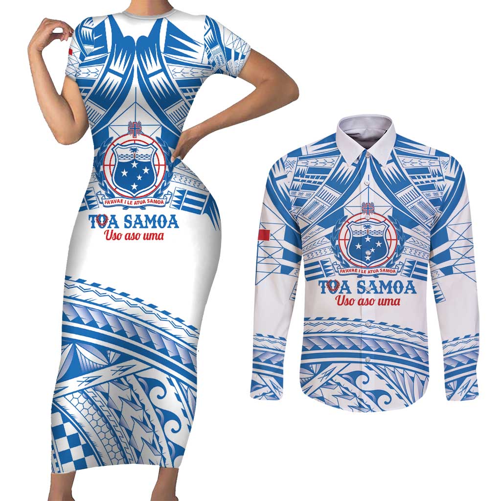 Toa Samoa Rugby Custom Couples Matching Short Sleeve Bodycon Dress and Long Sleeve Button Shirt Uso aso uma Samoan Pattern White - Polynesian Pride