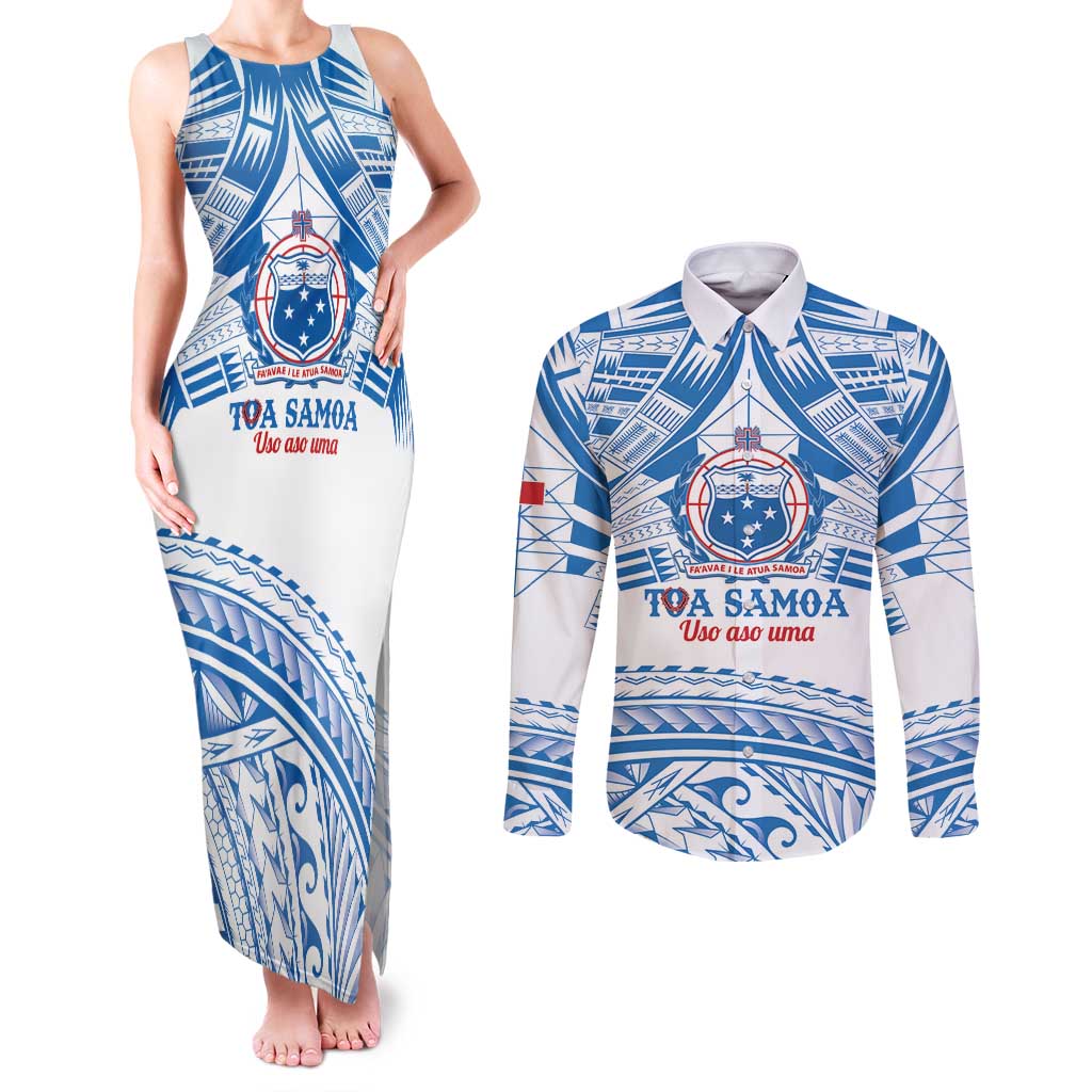 Toa Samoa Rugby Custom Couples Matching Tank Maxi Dress and Long Sleeve Button Shirt Uso aso uma Samoan Pattern White - Polynesian Pride