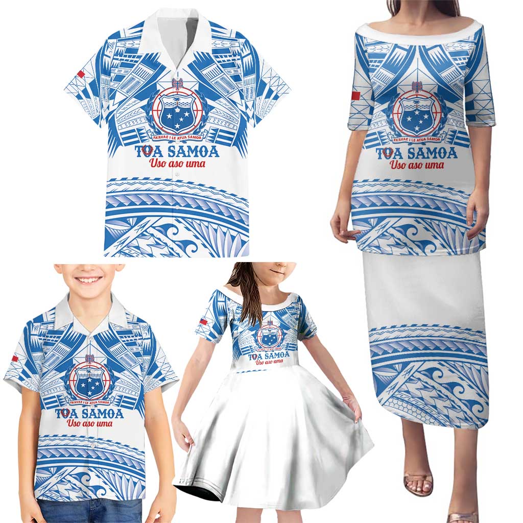 Toa Samoa Rugby Custom Family Matching Puletasi and Hawaiian Shirt Uso aso uma Samoan Pattern White - Polynesian Pride