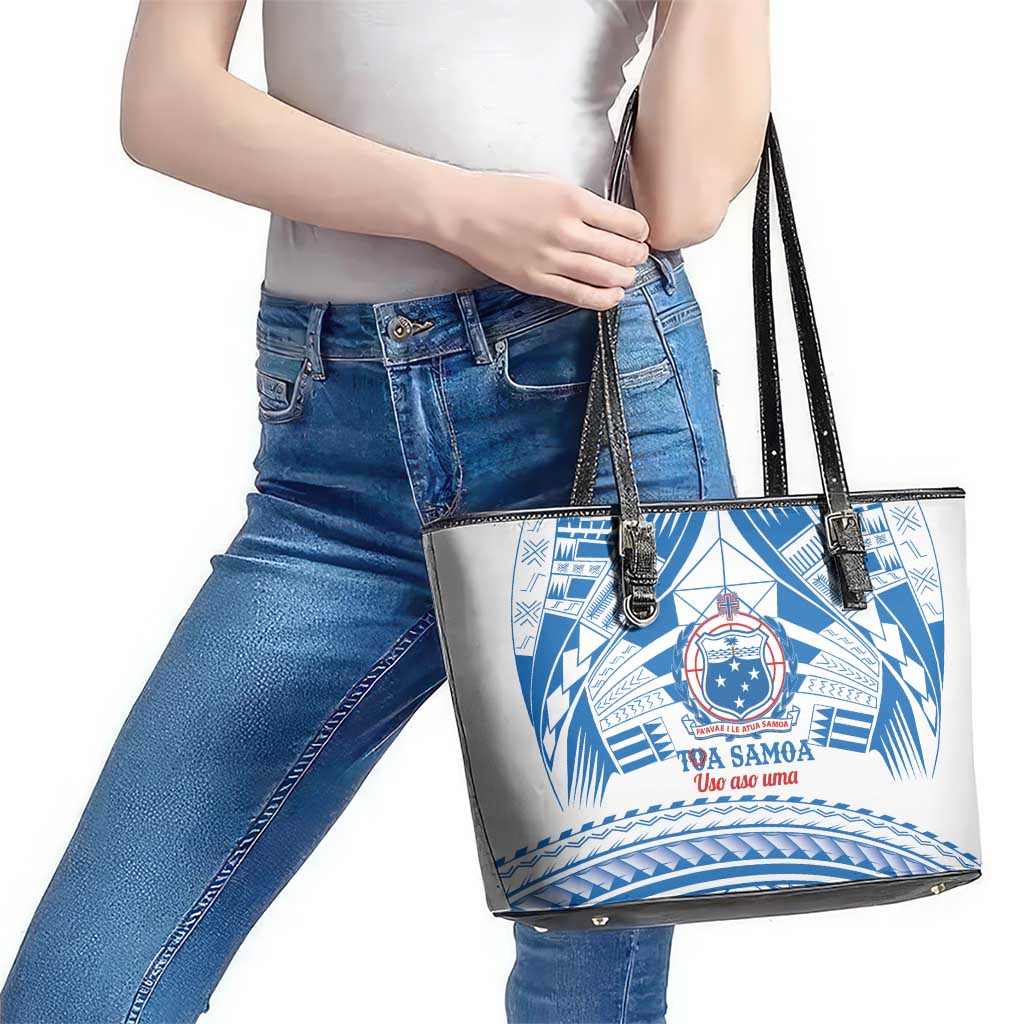 Toa Samoa Rugby Custom Leather Tote Bag Uso aso uma Samoan Pattern White - Polynesian Pride