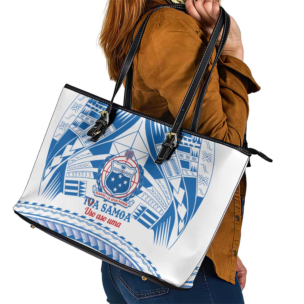 Toa Samoa Rugby Custom Leather Tote Bag Uso aso uma Samoan Pattern White - Polynesian Pride