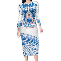 Toa Samoa Rugby Custom Long Sleeve Bodycon Dress Uso aso uma Samoan Pattern White LT14 Long Dress White - Polynesian Pride