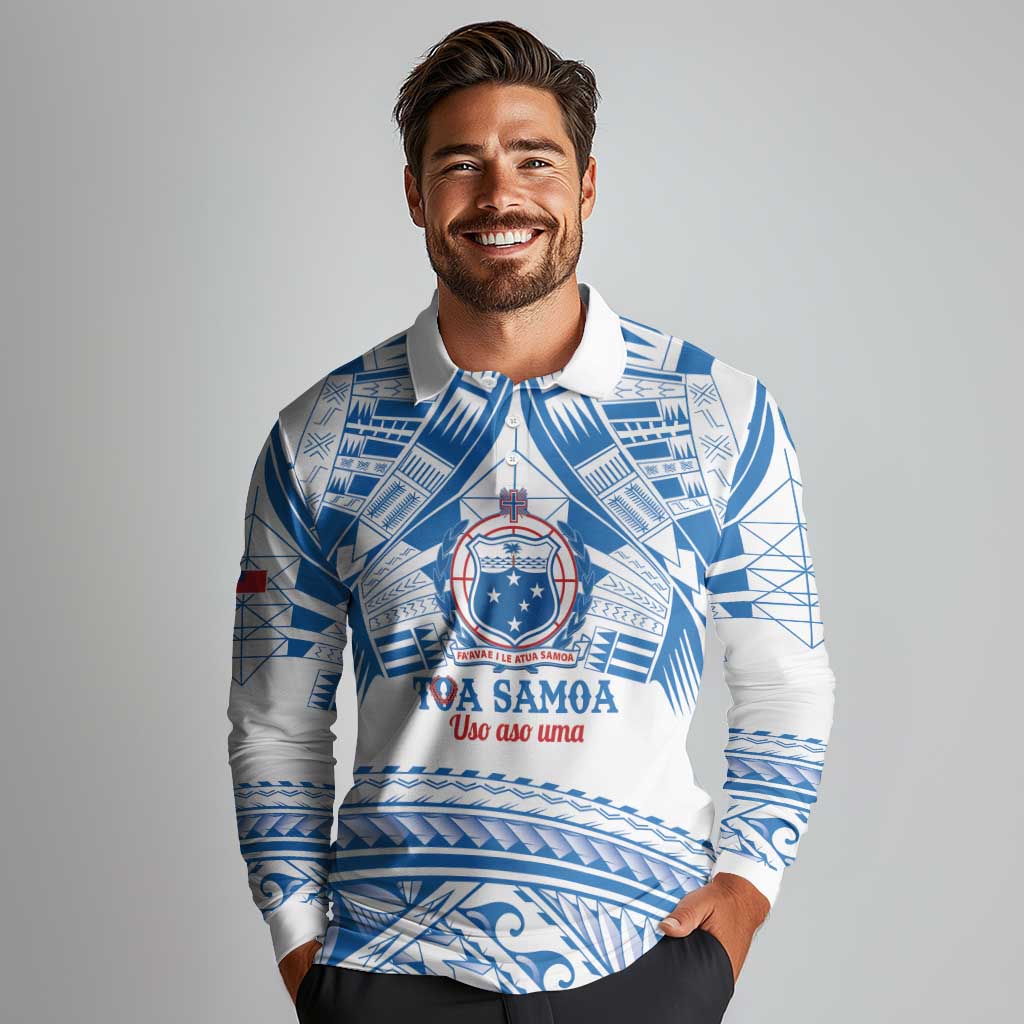 Toa Samoa Rugby Custom Long Sleeve Polo Shirt Uso aso uma Samoan Pattern White LT14 - Polynesian Pride