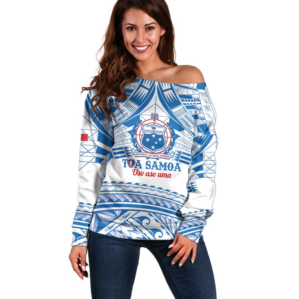 Toa Samoa Rugby Custom Off Shoulder Sweater Uso aso uma Samoan Pattern White LT14 Women White - Polynesian Pride